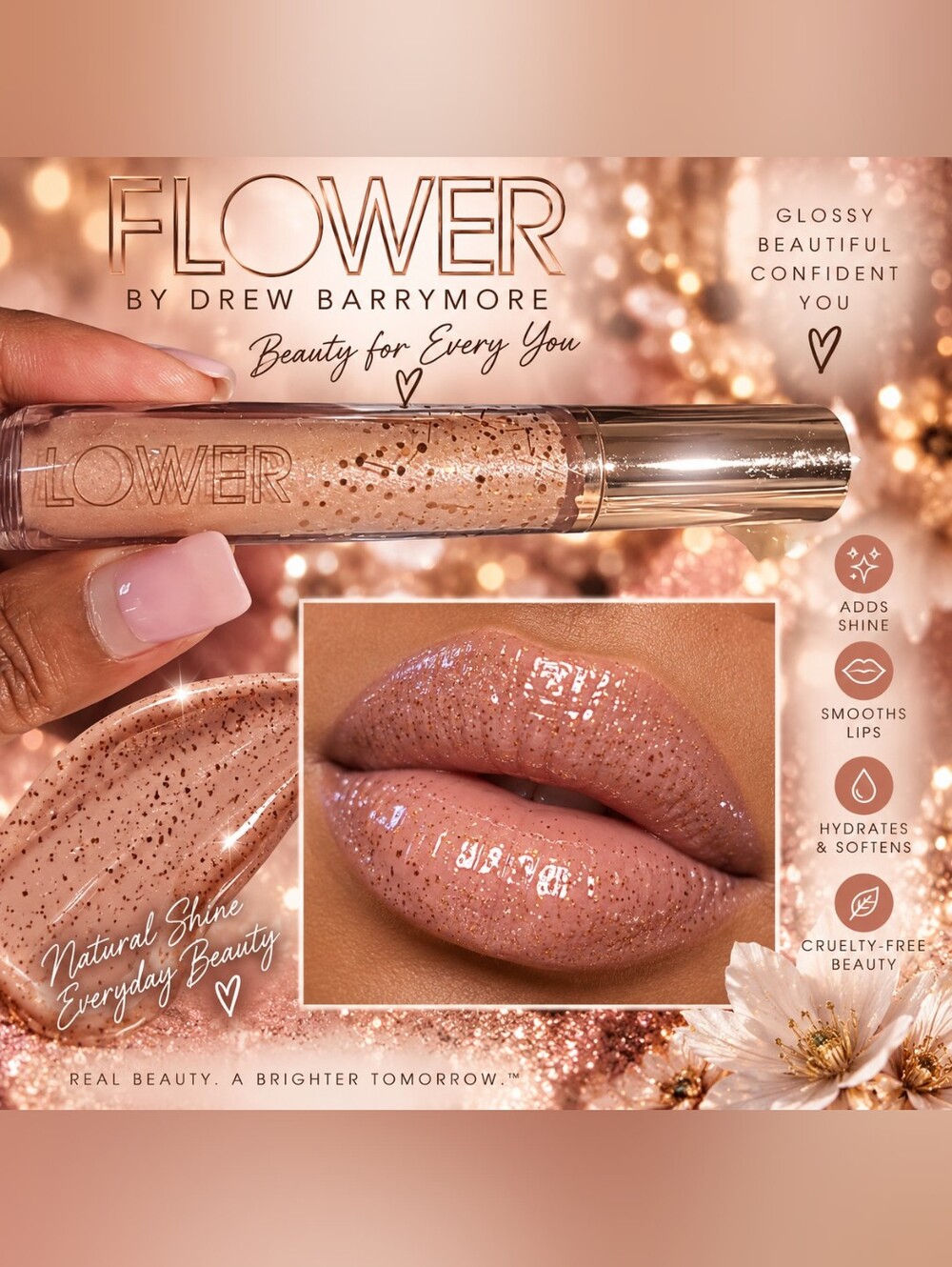 Flower Nude Pink Glitter Lip Gloss